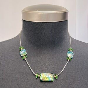 Vintage Recycled Glass & Foil 3 Piece Green Rose Gold Turquoise 18” Necklace
